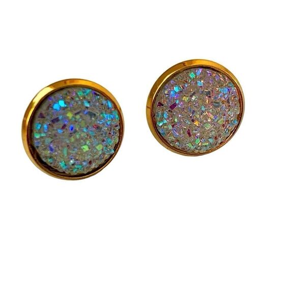 Men’s Prism Iridescent Faux Druzy Gold White Rainbow Iced Out Stud Earrings NEW - Picture 1 of 10